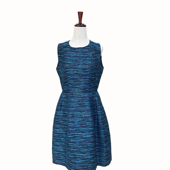 Shoshanna Monique Metallic Jacquard Tweed Teal Sleeveless Fit Flare Dress Sz 6 - Picture 3 of 10